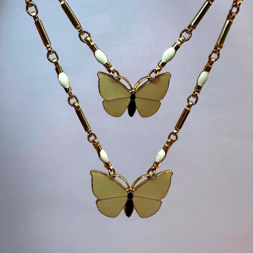 Napier Womens Double Strand Butterfly Necklace Gold Tone Cream Enamel Vintage